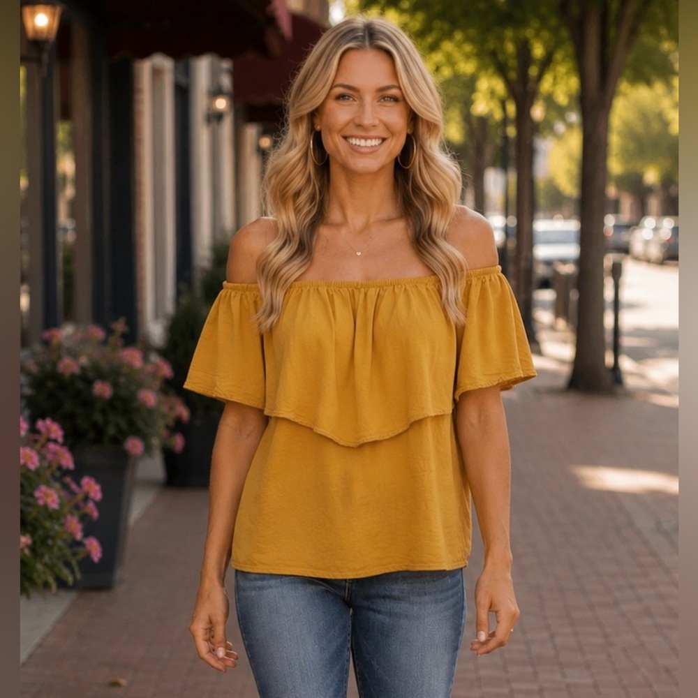 REFORMATION Made In USA Blouse XS Off-Shoulder Ruffle Top Surplus Fabric Mustard